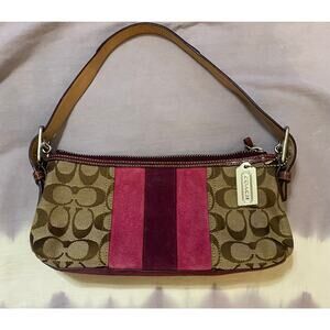Coach Sig C Boho Brown Pink Purple Suede Baguette Mini Shoulder Bag Hobo Purse